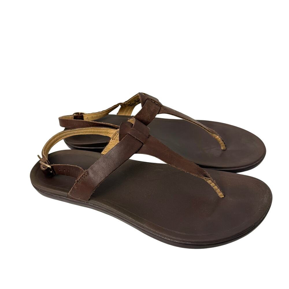 OluKai Sandals Womens Size 10 Ekekeu T-Strap Brown Leather Toe Post Ankle Strap